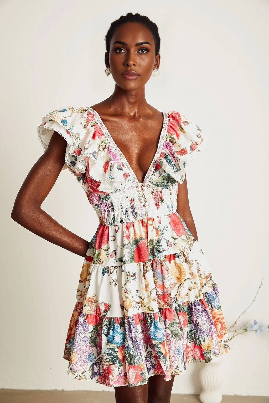 Beatrice Mini Dress - V - neck - Sleeveless - Ruffled and Pleat Detailing - Crystal Embellishment