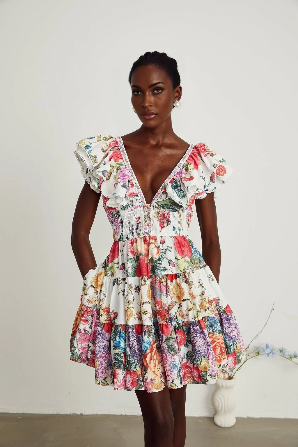 Beatrice Mini Dress - V - neck - Sleeveless - Ruffled and Pleat Detailing - Crystal Embellishment