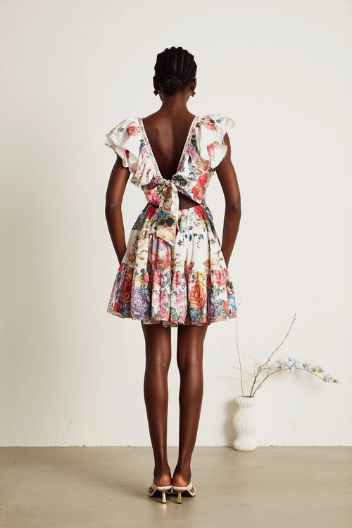 Beatrice Mini Dress - V - neck - Sleeveless - Ruffled and Pleat Detailing - Crystal Embellishment