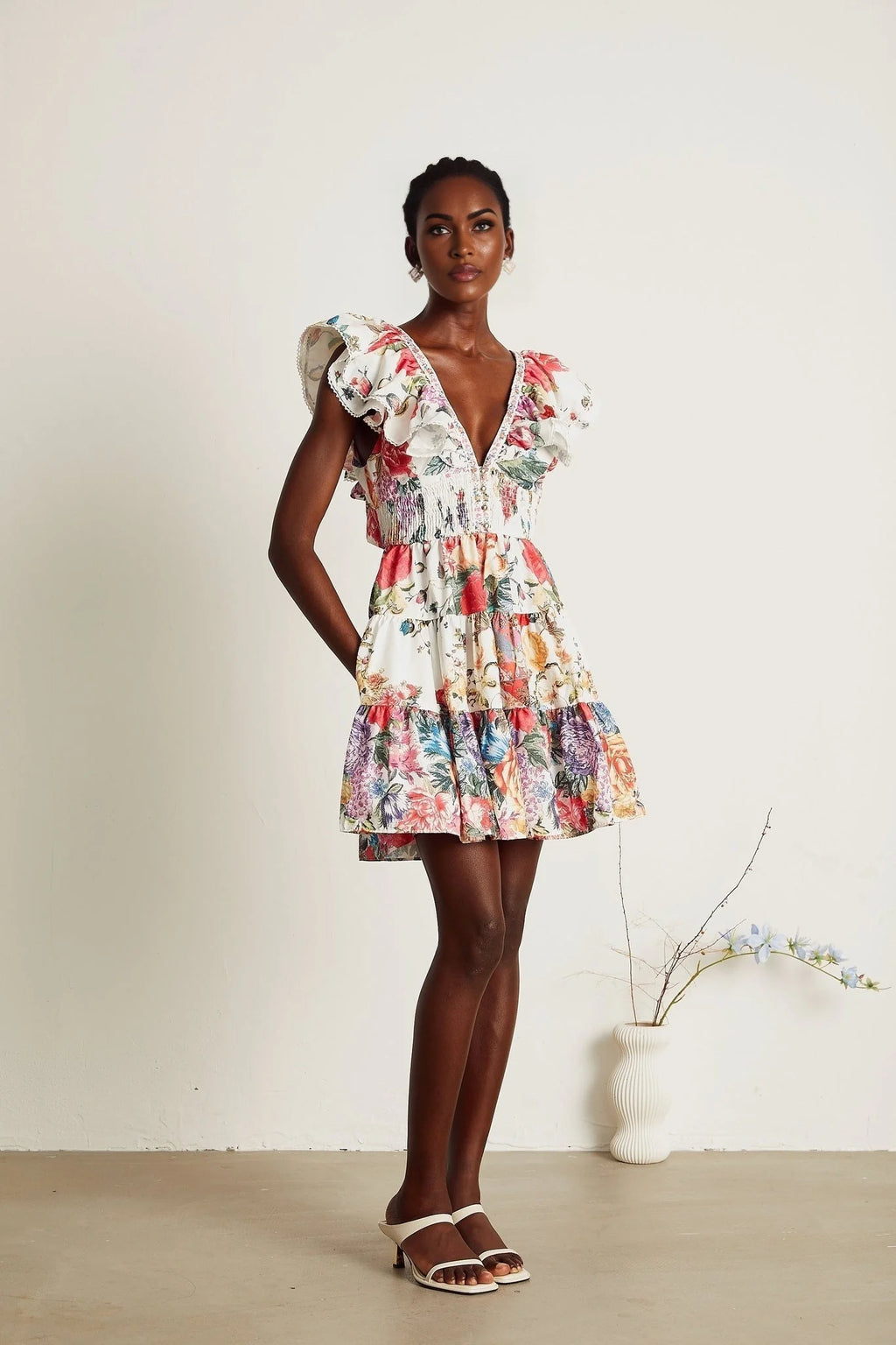 Beatrice Mini Dress - V - neck - Sleeveless - Ruffled and Pleat Detailing - Crystal Embellishment