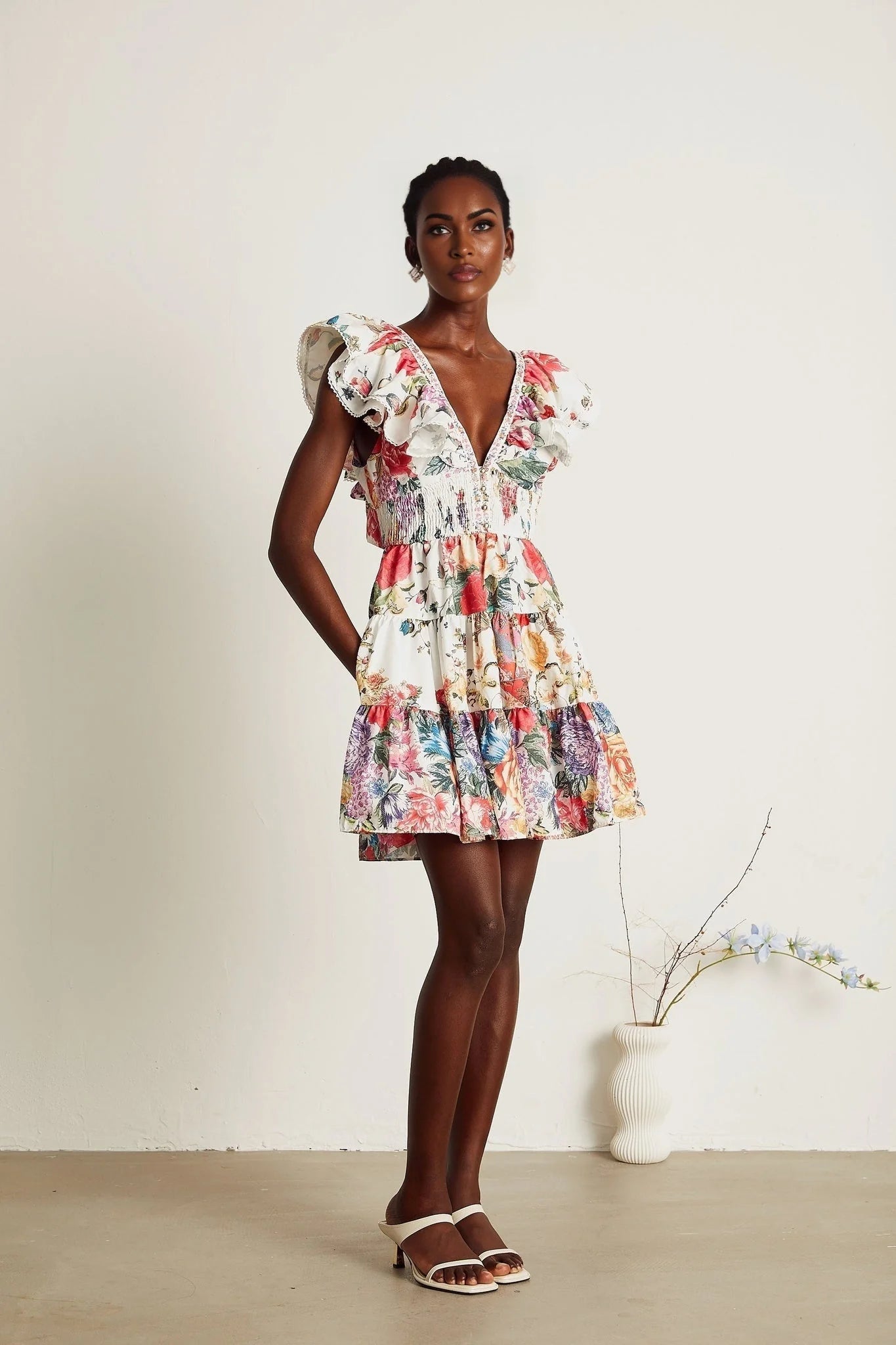 Beatrice Mini Dress - V - neck - Sleeveless - Ruffled and Pleat Detailing - Crystal Embellishment
