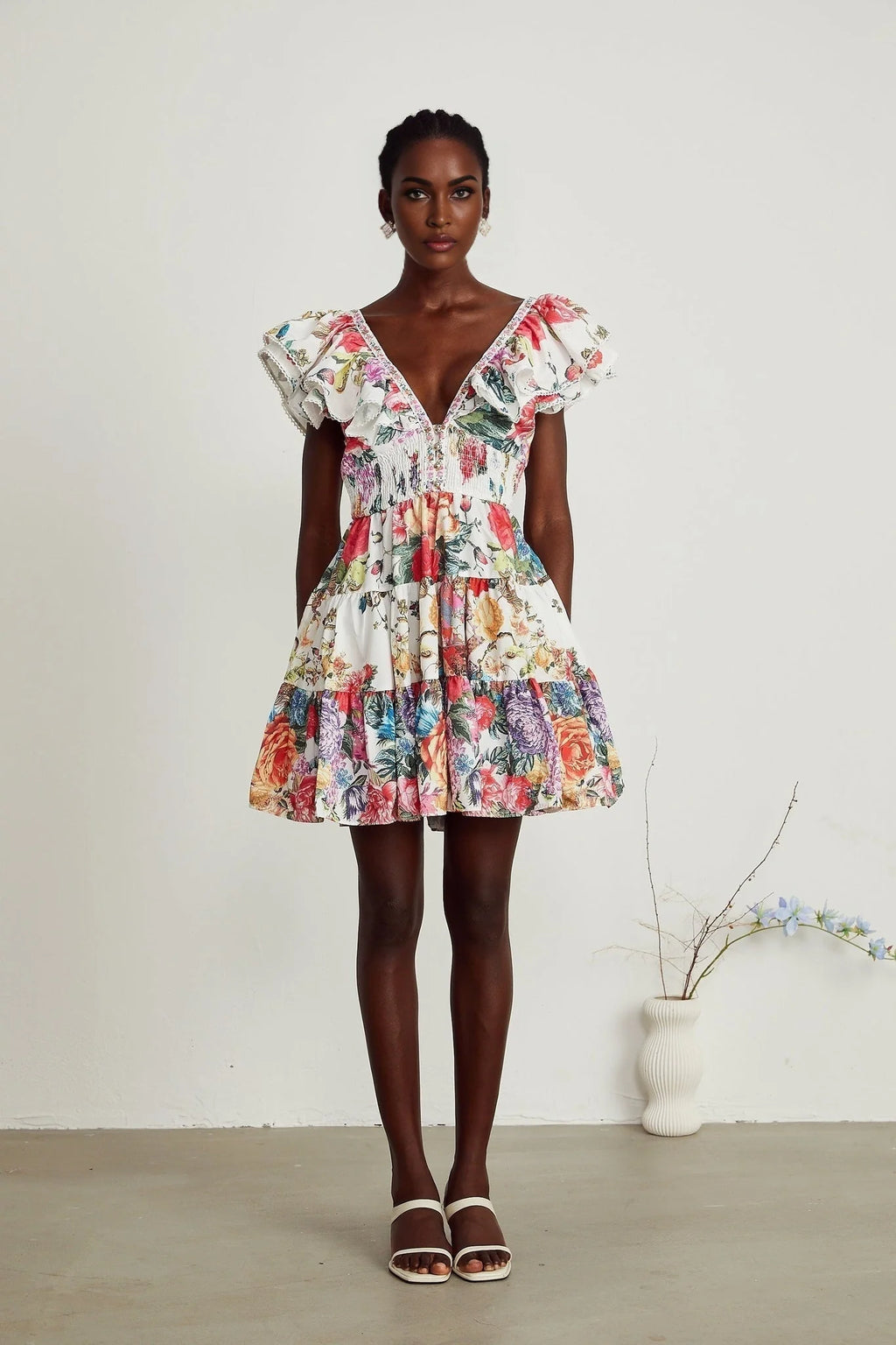 Beatrice Mini Dress - V - neck - Sleeveless - Ruffled and Pleat Detailing - Crystal Embellishment