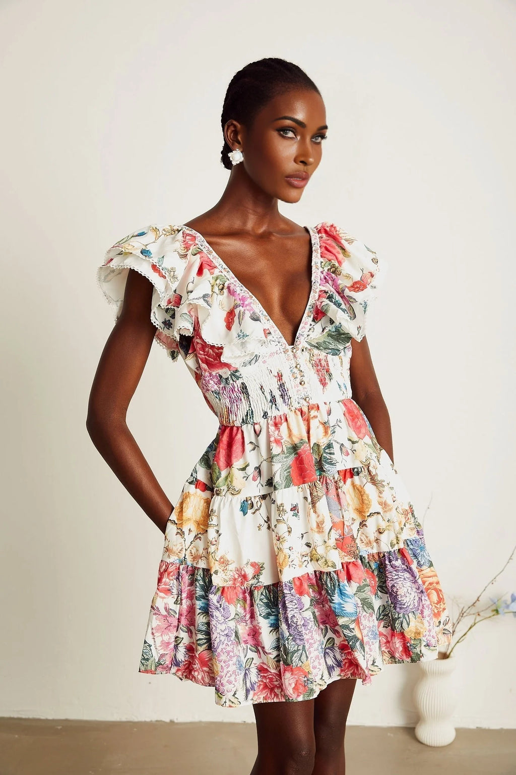 Beatrice Mini Dress - V - neck - Sleeveless - Ruffled and Pleat Detailing - Crystal Embellishment