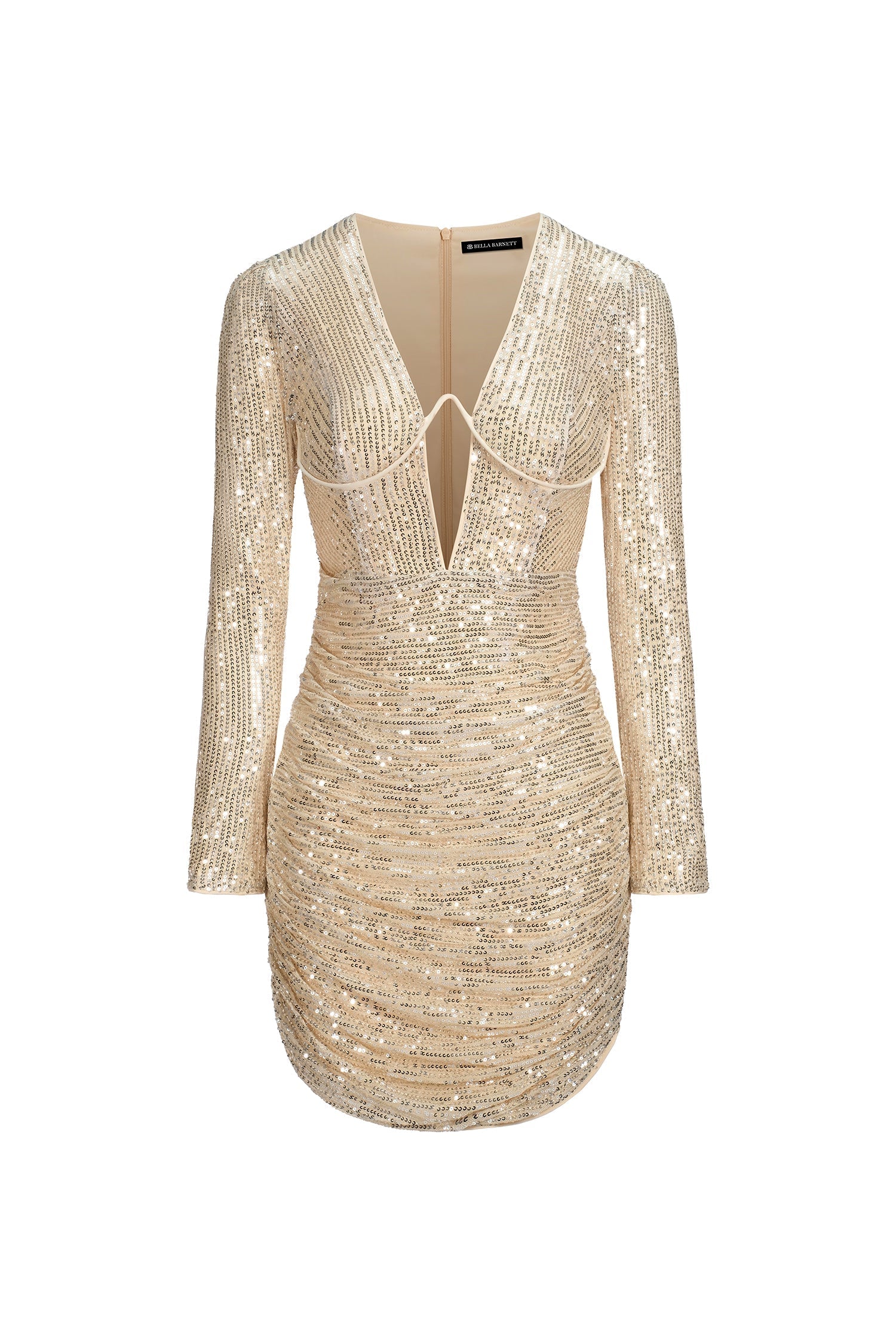 Beige Dye Sequin Mini Dress with Plunging Neckline and Long Sleeves