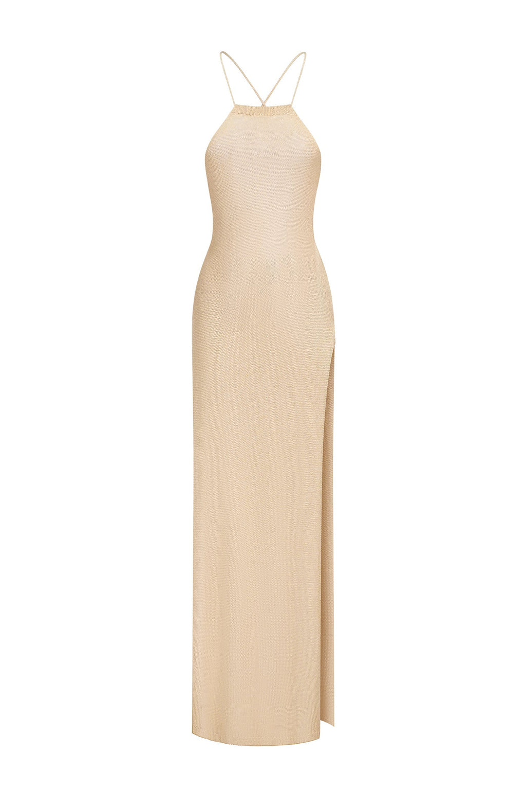 Beige Hailey Halter Knitted Midi Dress with Side Slit Detail