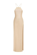 Beige Hailey Halter Knitted Midi Dress with Side Slit Detail