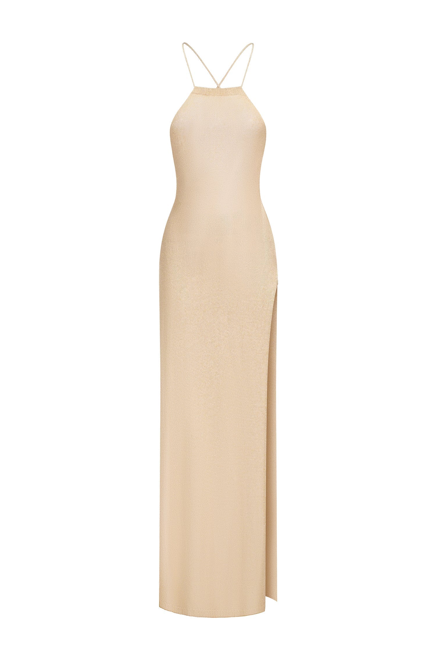 Beige Hailey Halter Knitted Midi Dress with Side Slit Detail