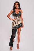 Beige Lace Midi Bandage Dress with V-Neckline and Asymmetrical Hemline