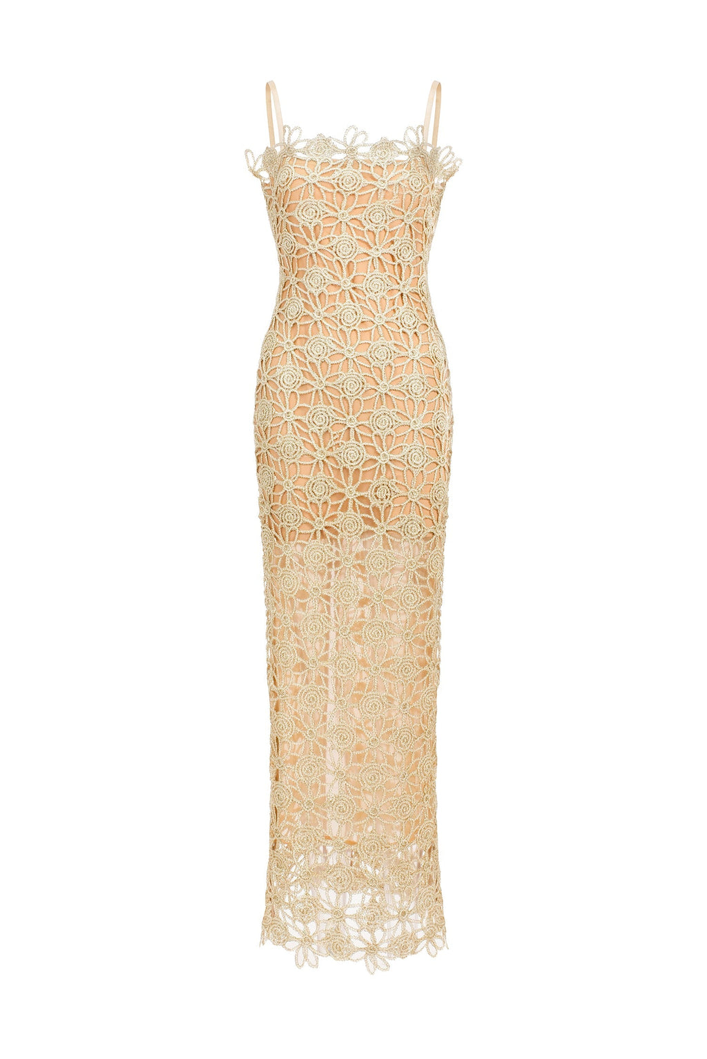 Beige Lelia Sleeveless Hollow Out Slit Midi Dress with Floral Detailing