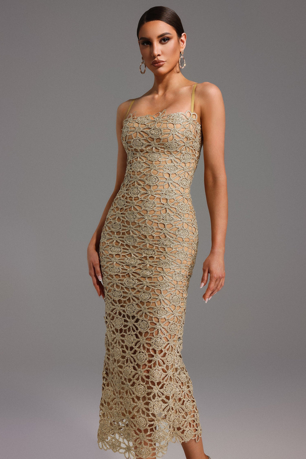 Beige Lelia Sleeveless Hollow Out Slit Midi Dress with Floral Detailing and Leg Slit