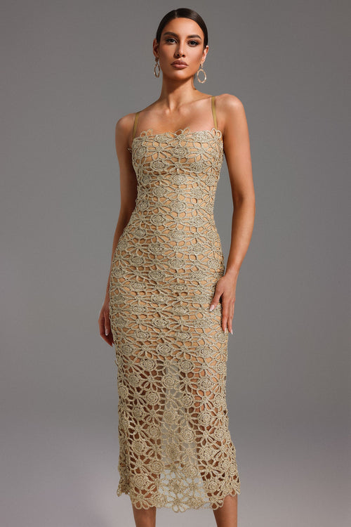 Beige Lelia Sleeveless Hollow Out Slit Midi Dress with Floral Detailing and Leg Slit