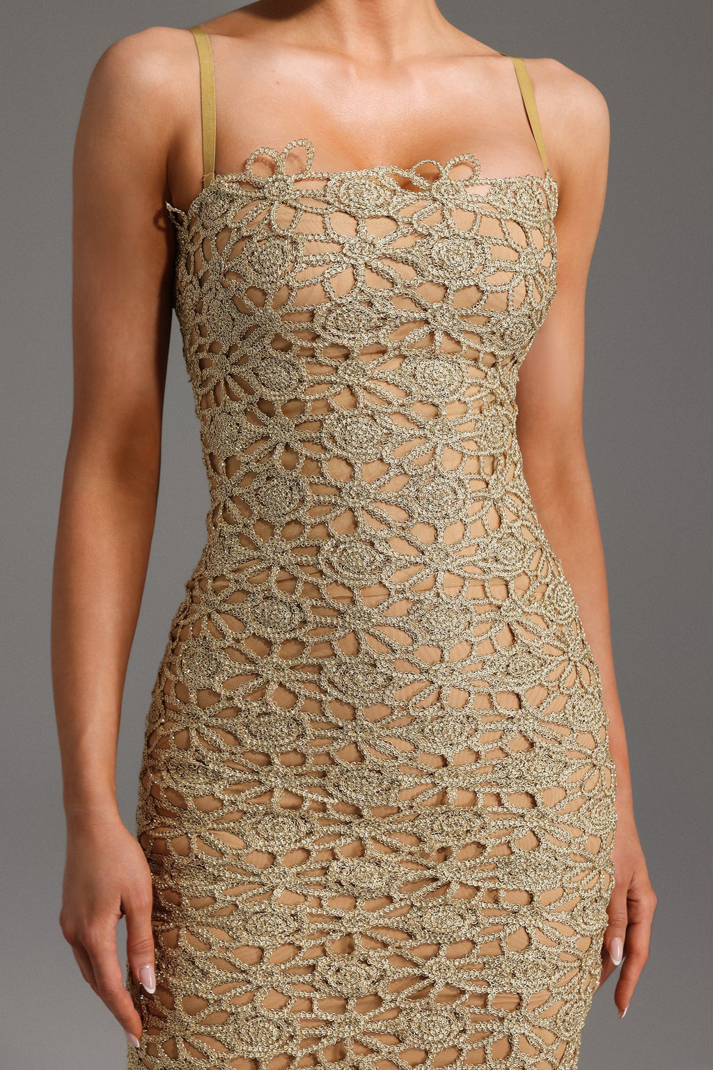 Beige Lelia Sleeveless Hollow Out Slit Midi Dress with Floral Detailing