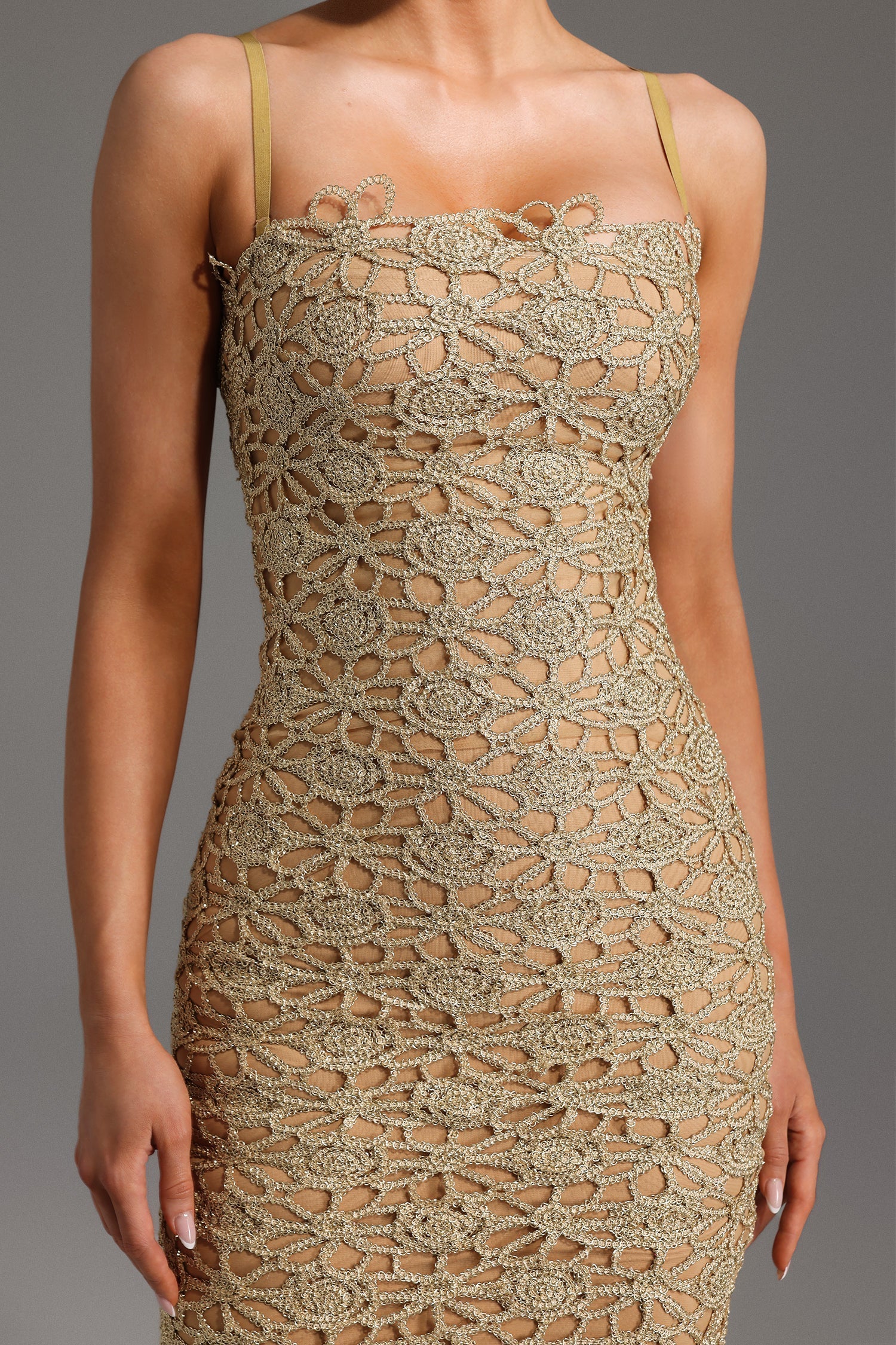 Beige Lelia Sleeveless Hollow Out Slit Midi Dress with Floral Detailing