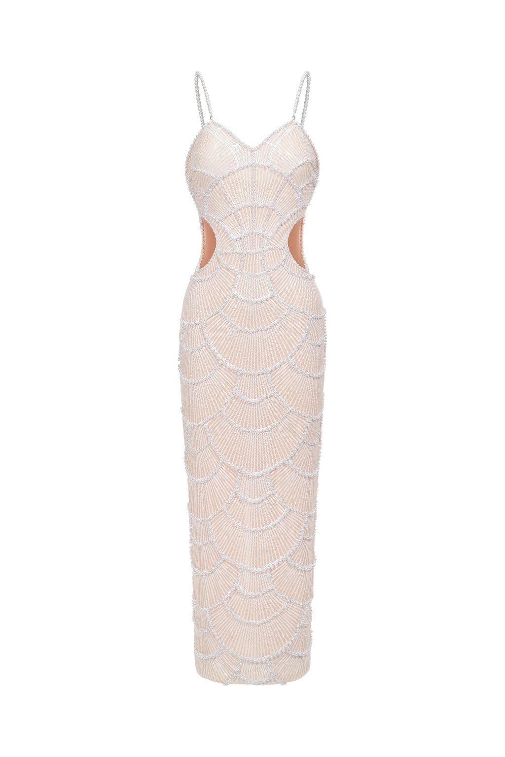 Beige Teresa Pearl Sequin Midi Dress with Cut-out Details and Spaghetti Straps