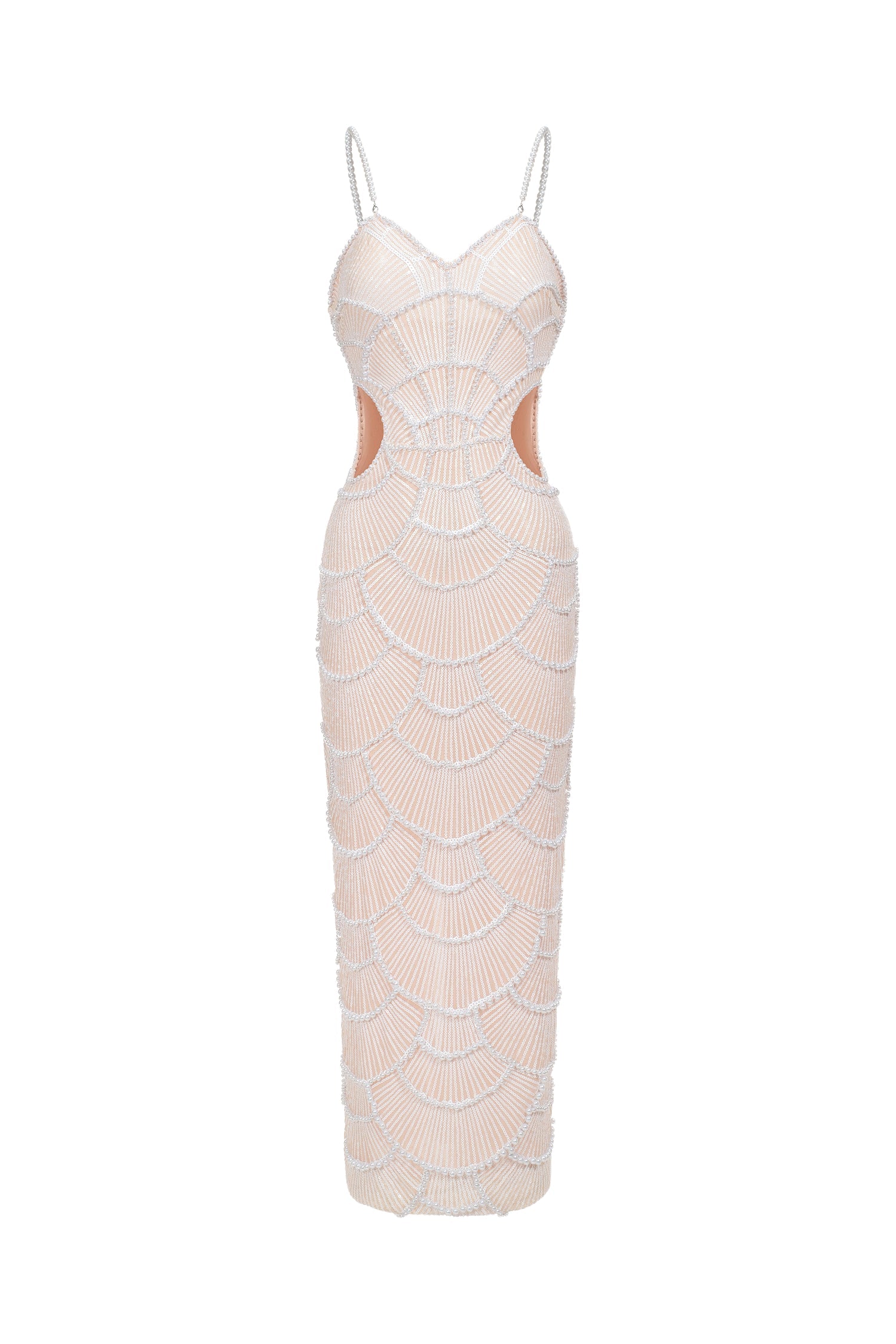 Beige Teresa Pearl Sequin Midi Dress with Cut-out Details and Spaghetti Straps