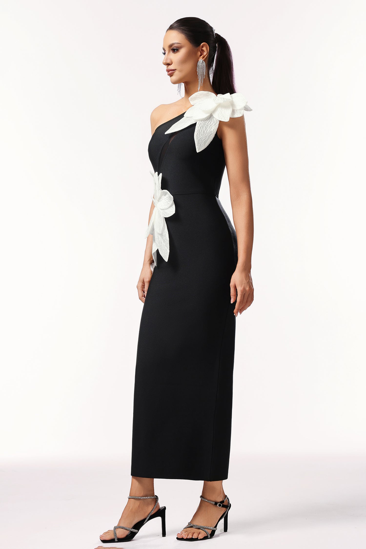 Bella Black One-Shoulder Floral Maxi Dress