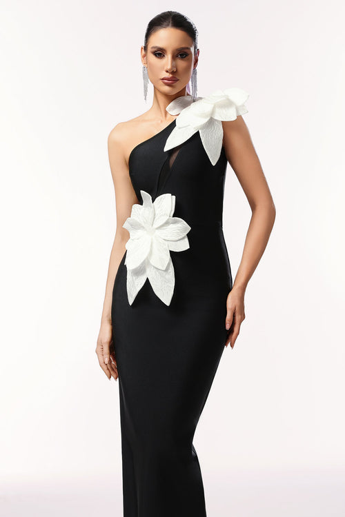 Bella Black One-Shoulder Floral Maxi Dress for Women