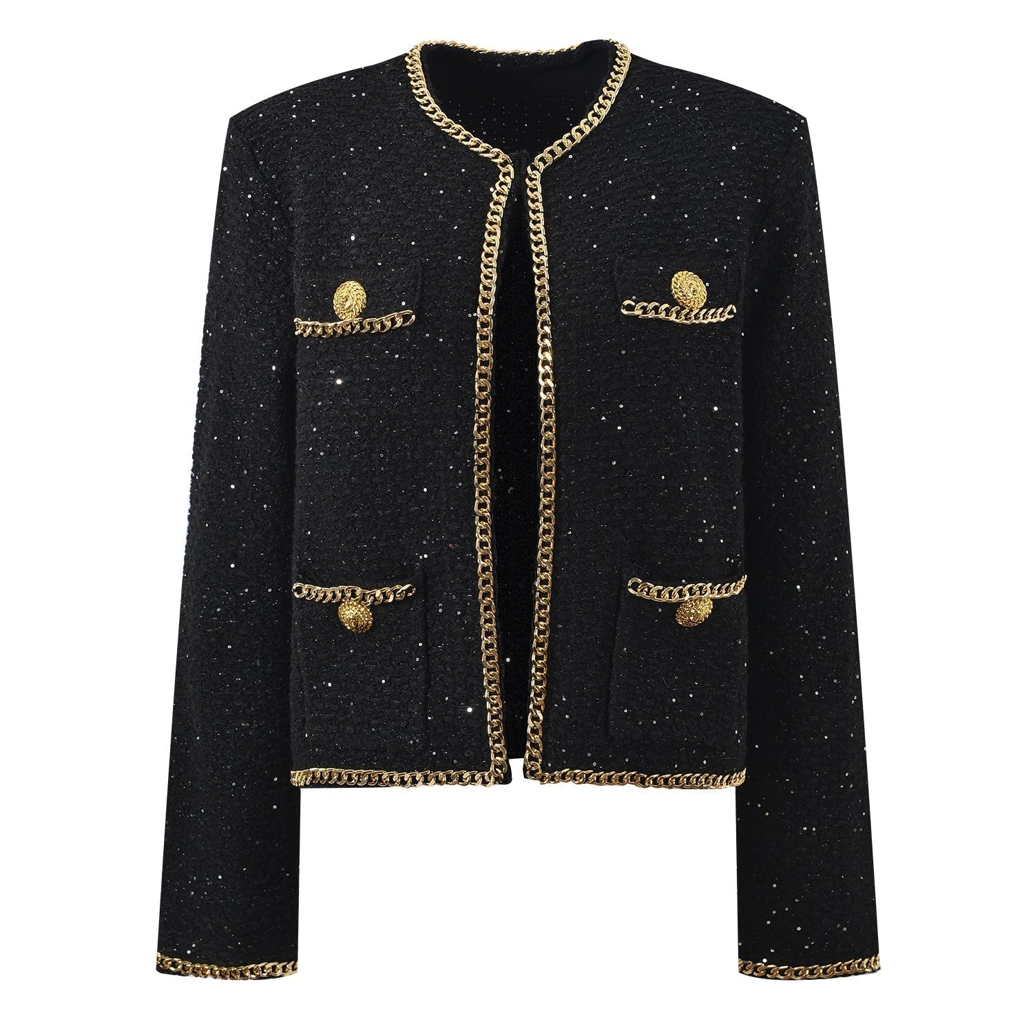 Bella Cropped Boxy Jacket - Sparkling Accents with Gold Chain Trim & Embellished Buttons