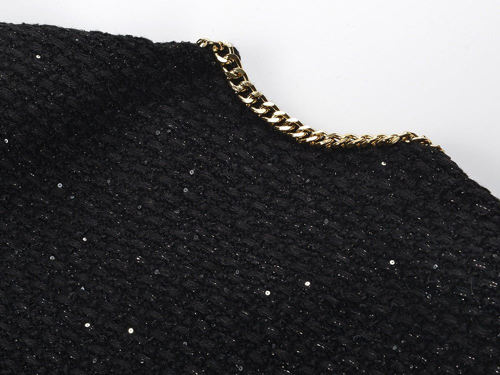 Bella Cropped Boxy Jacket - Sparkling Accents with Gold Chain Trim & Embellished Buttons