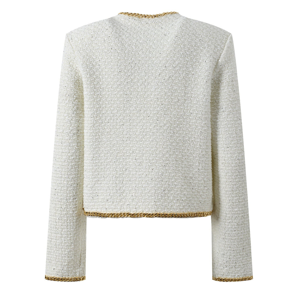 Bella Cropped Boxy Jacket - Sparkling Accents with Gold Chain Trim & Embellished Buttons