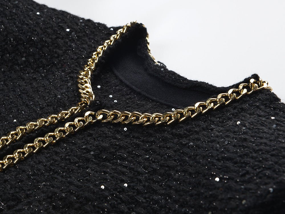 Bella Cropped Boxy Jacket - Sparkling Accents with Gold Chain Trim & Embellished Buttons