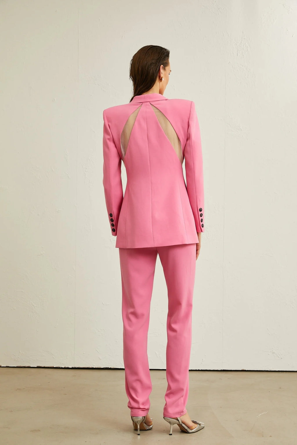 Bella Jacket & Trousers - V - neck design - Mesh panelling - Belted loops - Front button fastening