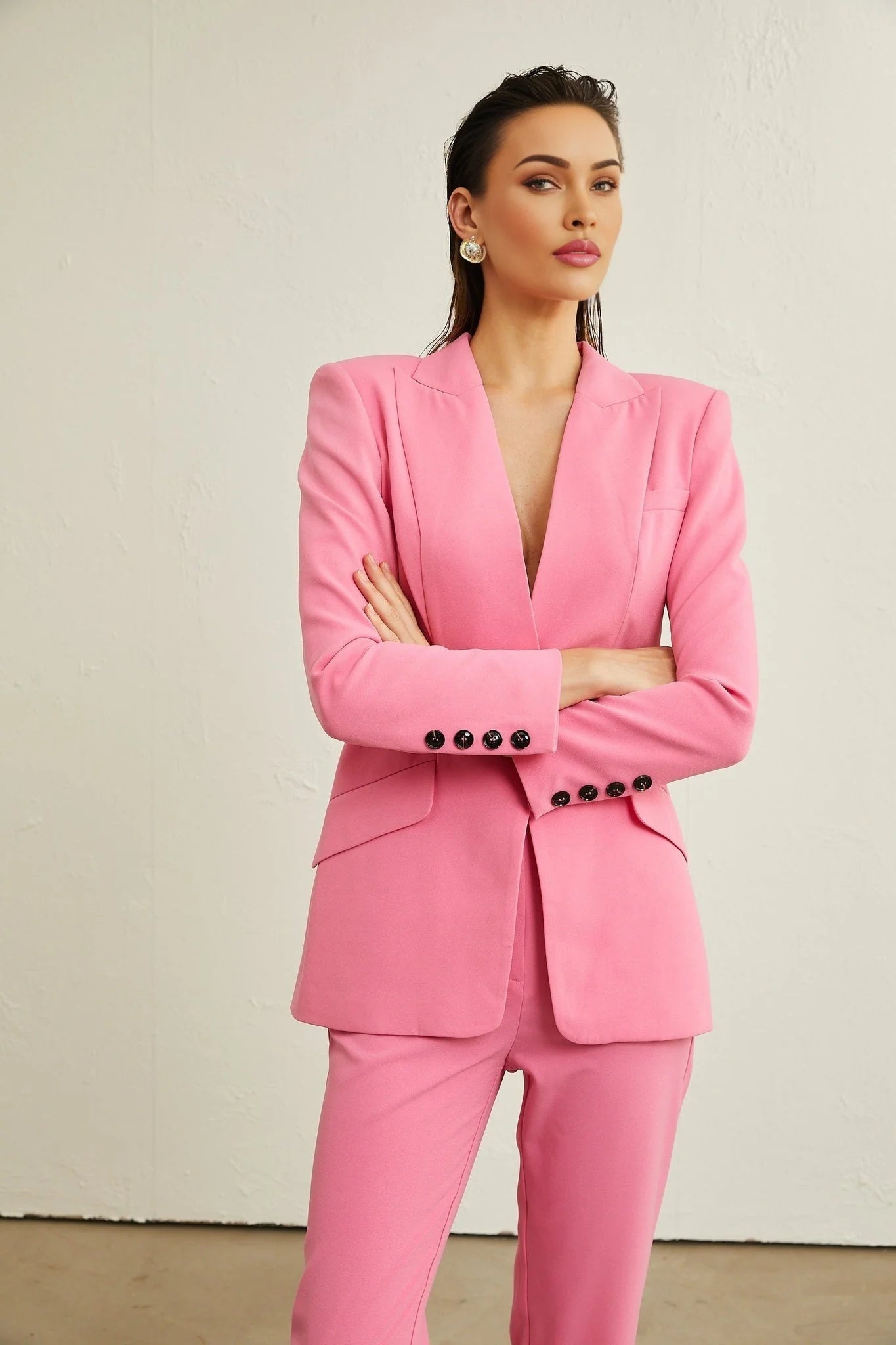 Bella Jacket & Trousers - V - neck design - Mesh panelling - Belted loops - Front button fastening