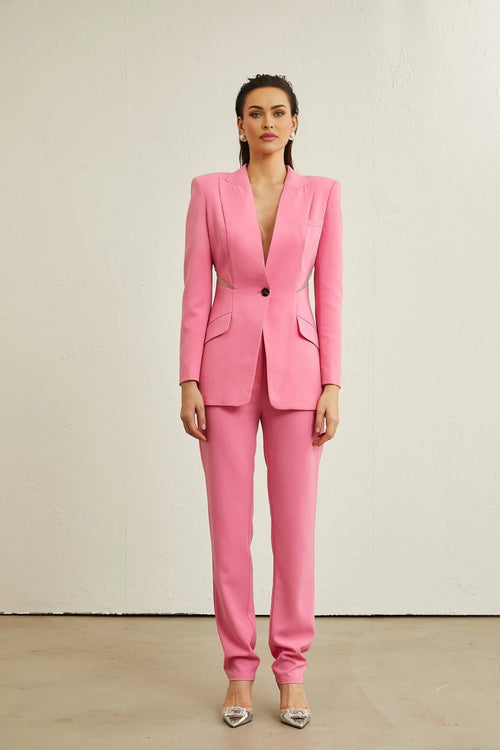 Bella Jacket & Trousers - V - neck design - Mesh panelling - Belted loops - Front button fastening