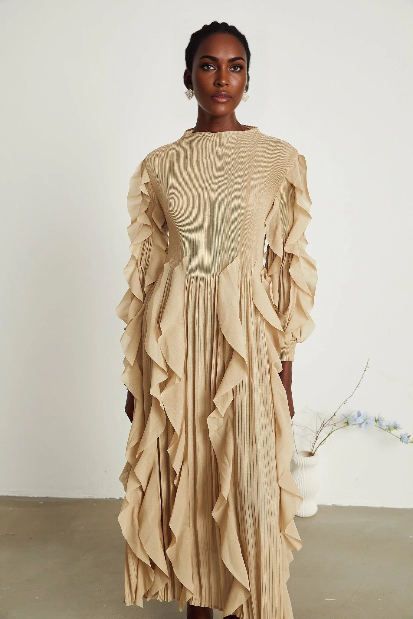 Bella Maxi Dress - Square Neck - Ruffled Trim - Long Sleeves - Pleated Design - Stretch Jersey