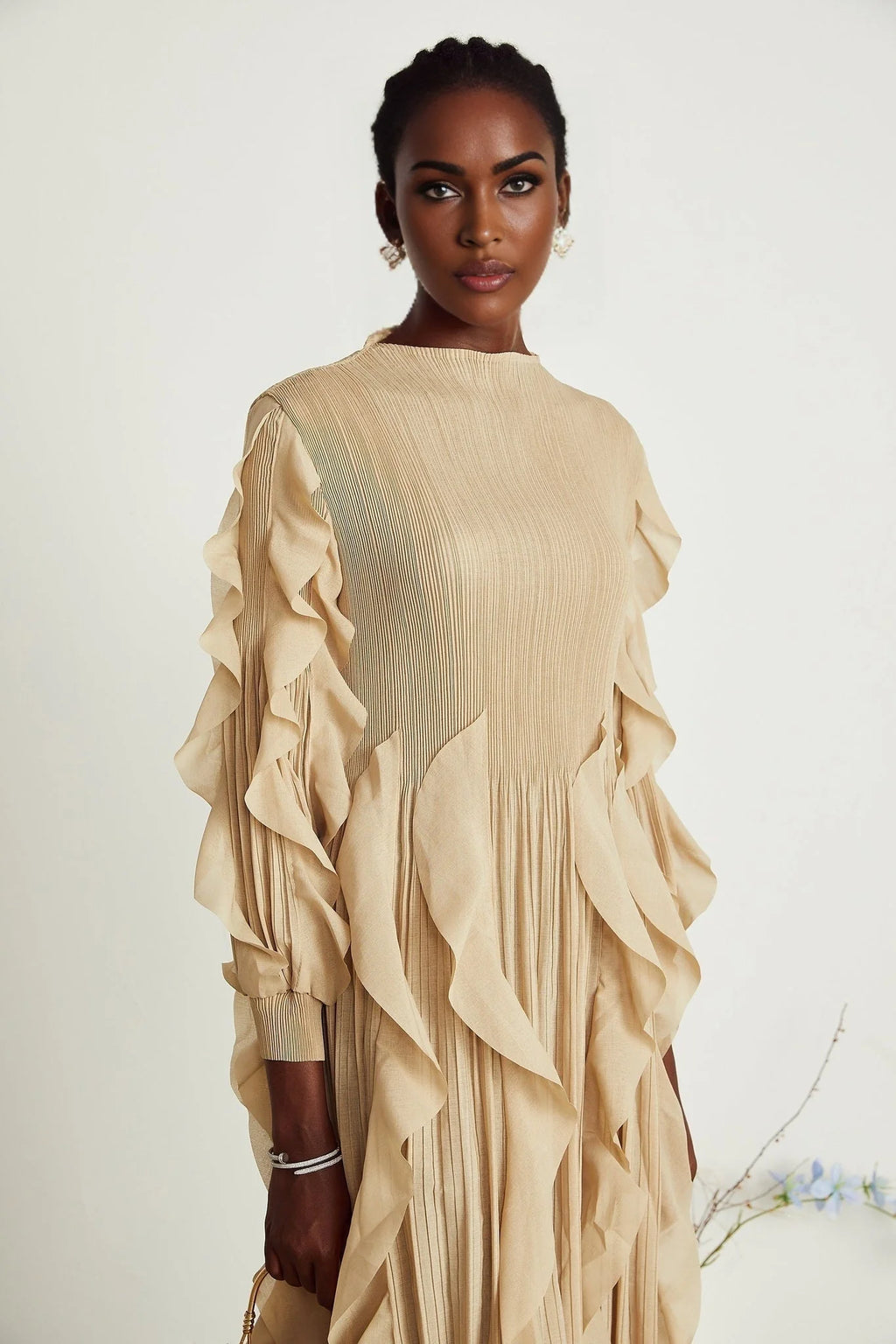 Bella Maxi Dress - Square Neck - Ruffled Trim - Long Sleeves - Pleated Design - Stretch Jersey