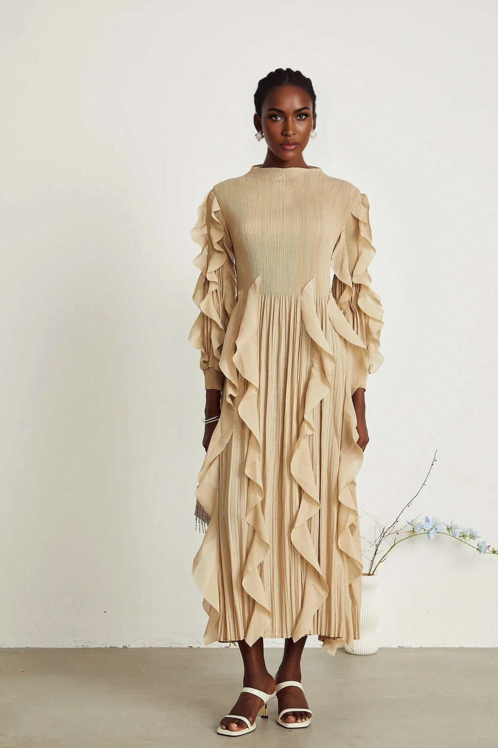 Bella Maxi Dress - Square Neck - Ruffled Trim - Long Sleeves - Pleated Design - Stretch Jersey