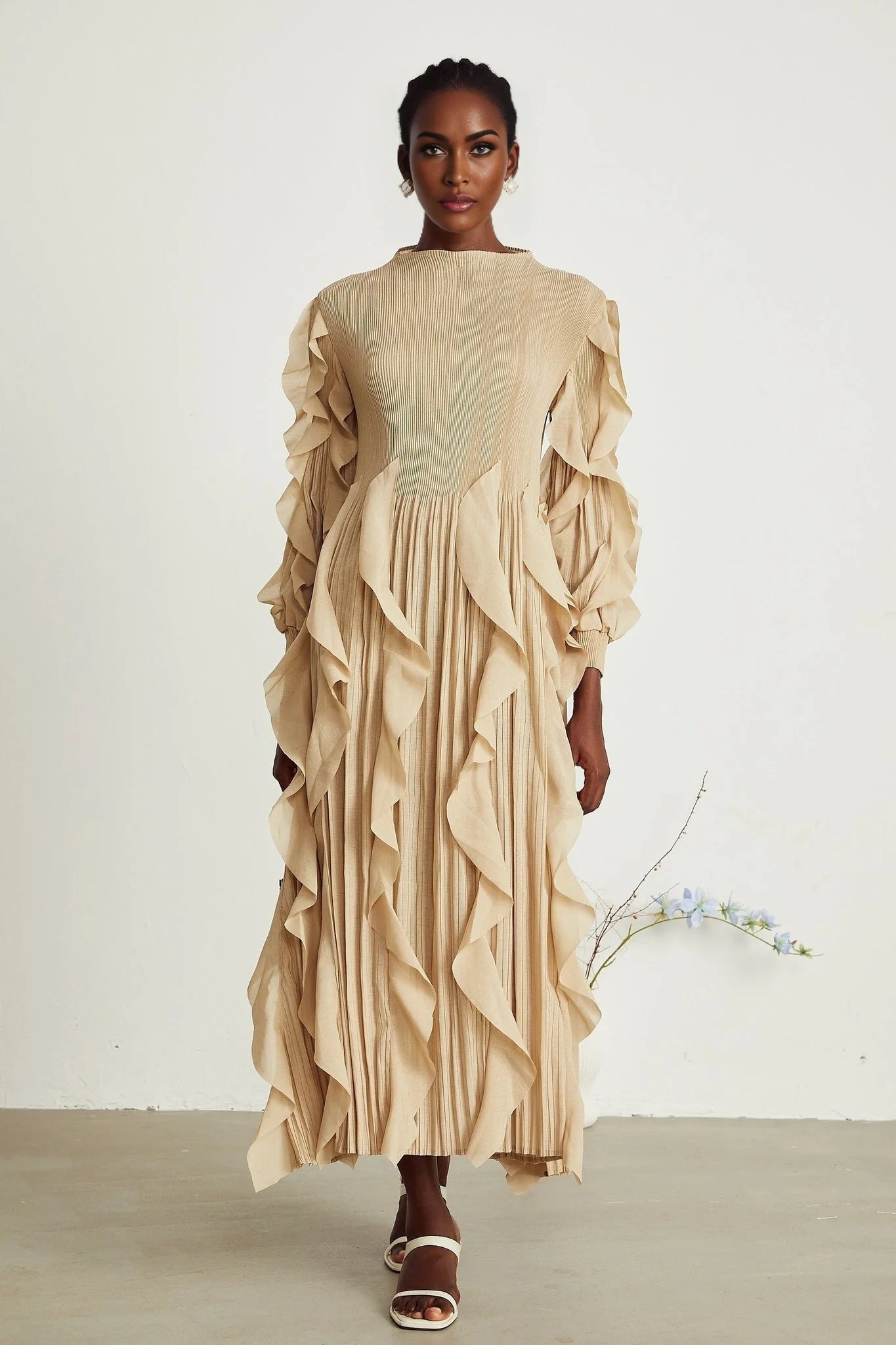 Bella Maxi Dress - Square Neck - Ruffled Trim - Long Sleeves - Pleated Design - Stretch Jersey