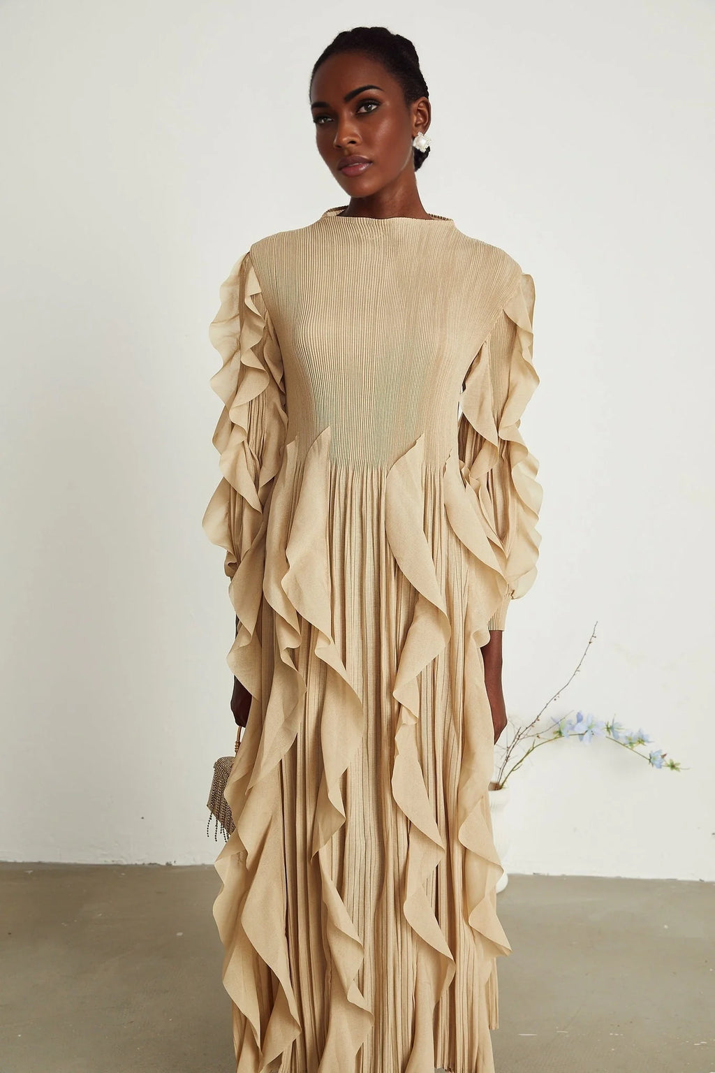 Bella Maxi Dress - Square Neck - Ruffled Trim - Long Sleeves - Pleated Design - Stretch Jersey