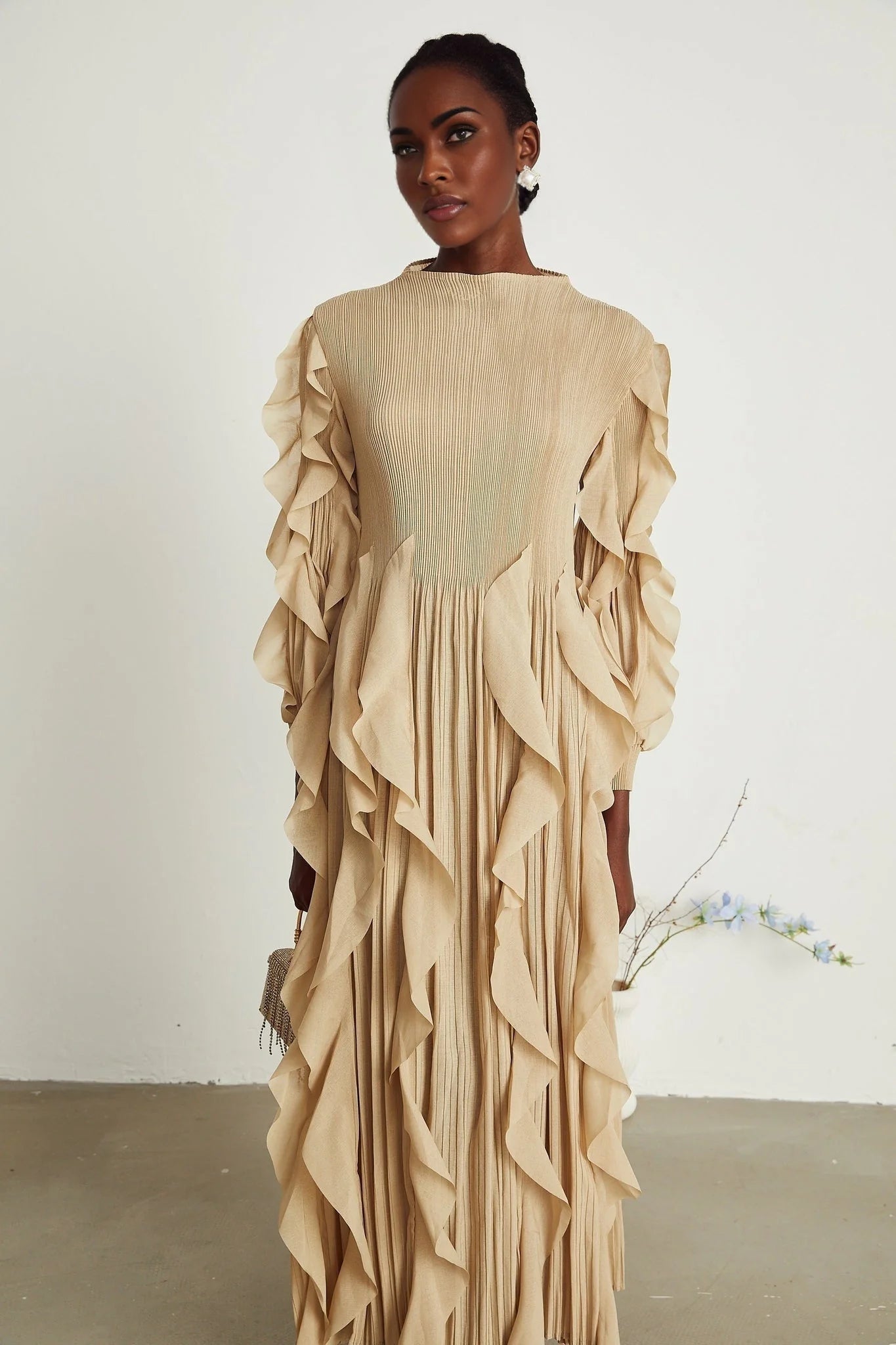 Bella Maxi Dress - Square Neck - Ruffled Trim - Long Sleeves - Pleated Design - Stretch Jersey