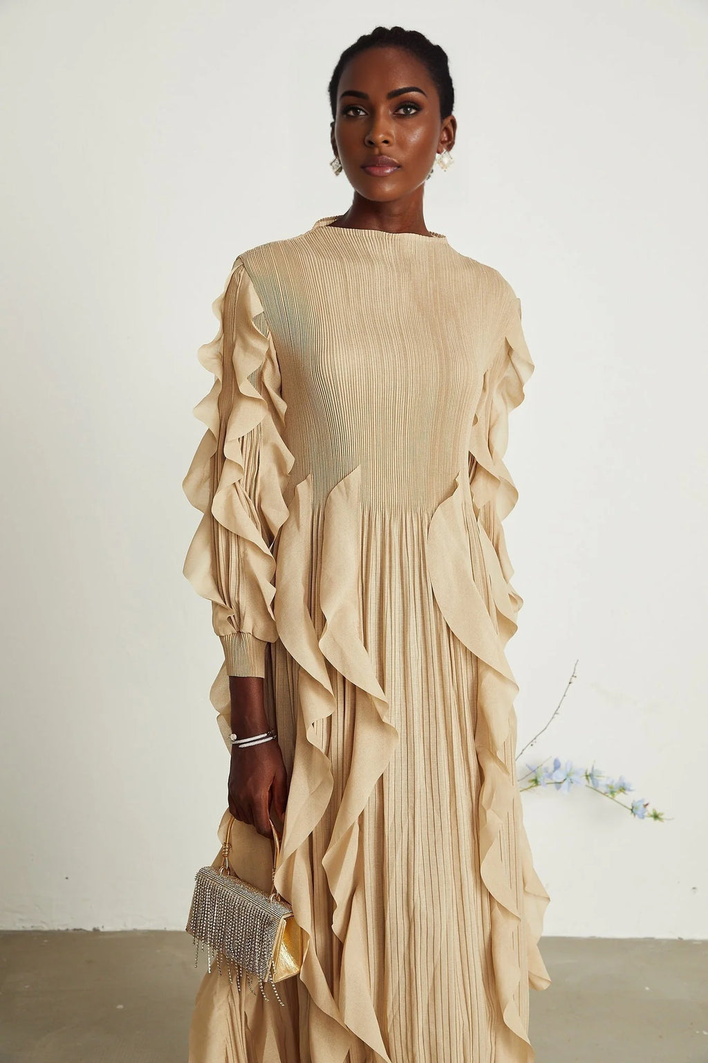Bella Maxi Dress - Square Neck - Ruffled Trim - Long Sleeves - Pleated Design - Stretch Jersey