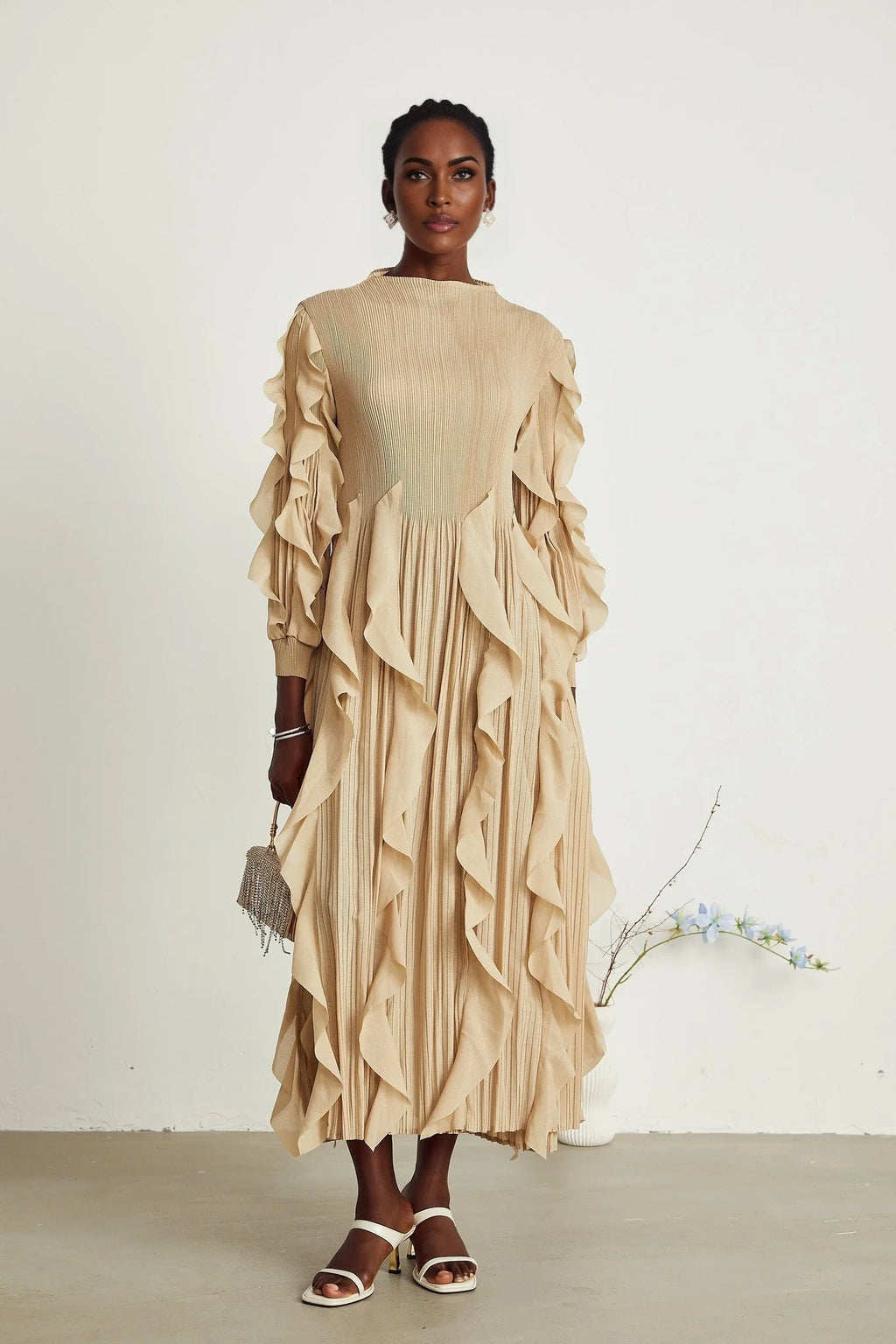 Bella Maxi Dress - Square Neck - Ruffled Trim - Long Sleeves - Pleated Design - Stretch Jersey