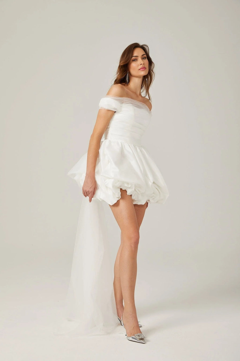 Bella Off Shoulder Mini Dress - Peplum Hem - Satin Finish - Bowknot & Ribbon Detail - Tie Fastening