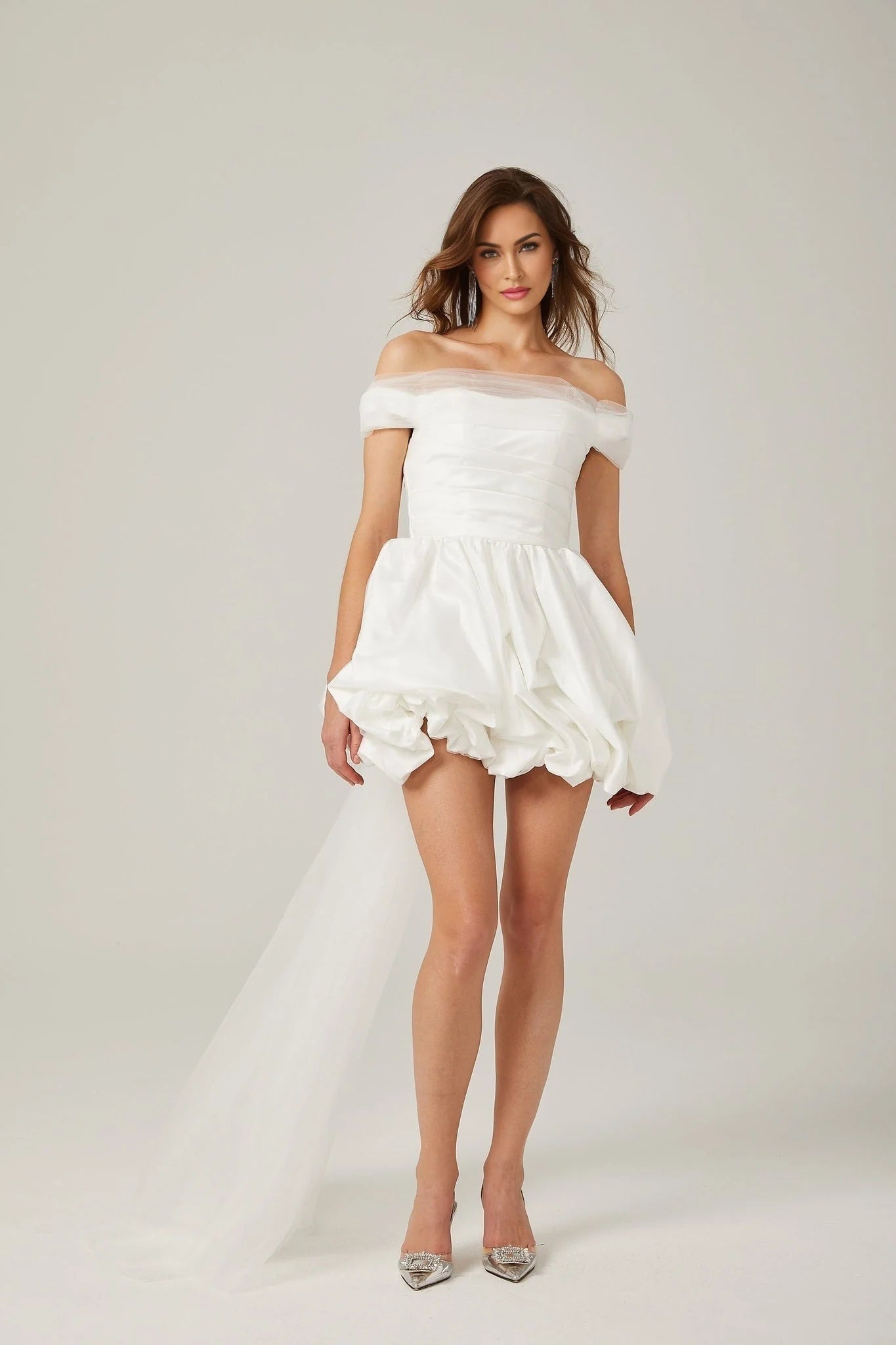 Bella Off Shoulder Mini Dress - Peplum Hem - Satin Finish - Bowknot & Ribbon Detail - Tie Fastening