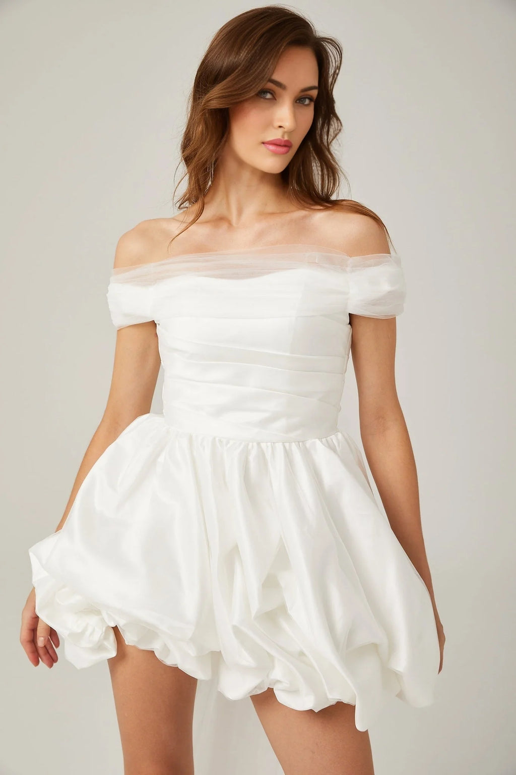 Bella Off Shoulder Mini Dress - Peplum Hem - Satin Finish - Bowknot & Ribbon Detail - Tie Fastening