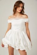 Bella Off Shoulder Mini Dress - Peplum Hem - Satin Finish - Bowknot & Ribbon Detail - Tie Fastening