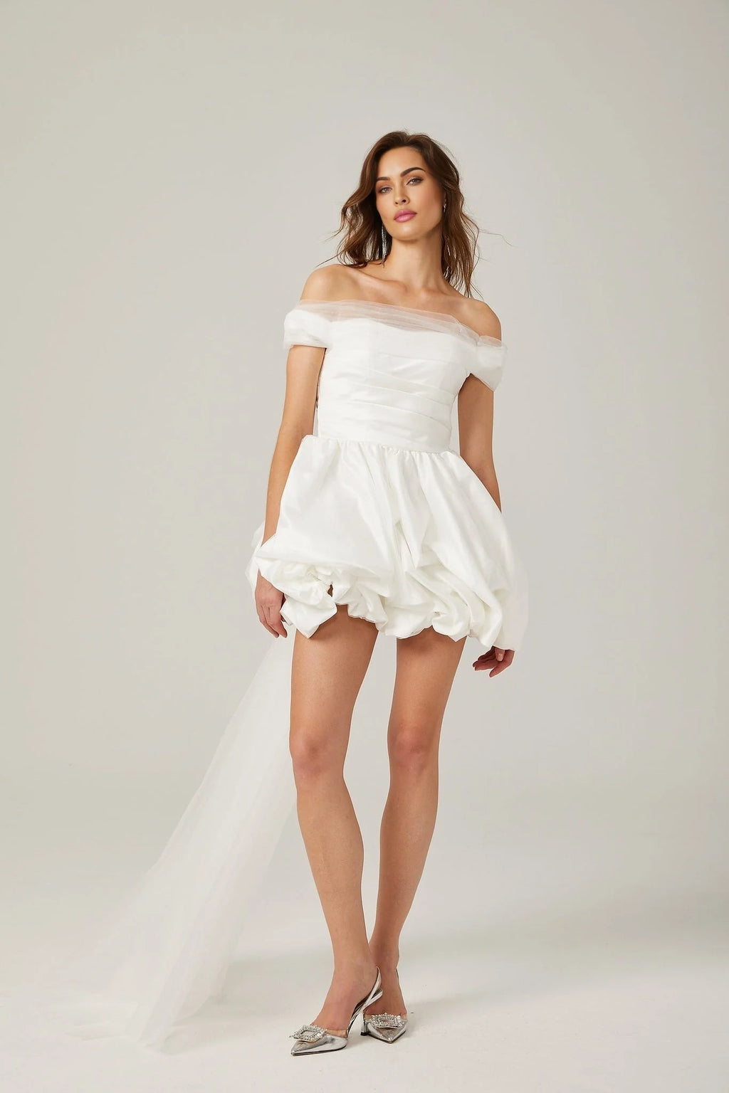 Bella Off Shoulder Mini Dress - Peplum Hem - Satin Finish - Bowknot & Ribbon Detail - Tie Fastening