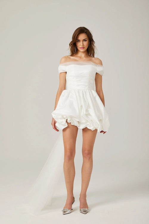 Bella Off Shoulder Mini Dress - Peplum Hem - Satin Finish - Bowknot & Ribbon Detail - Tie Fastening