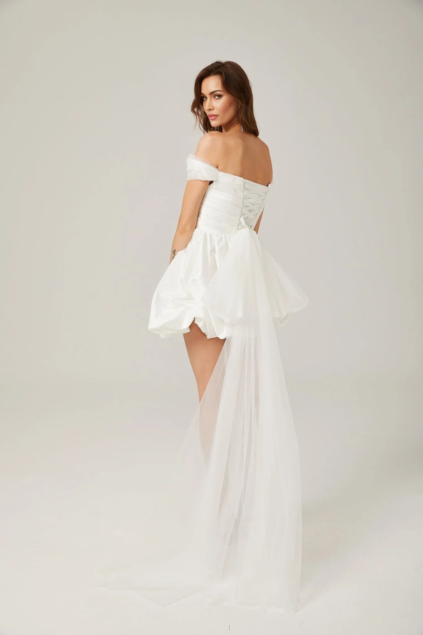 Bella Off Shoulder Mini Dress - Peplum Hem - Satin Finish - Bowknot & Ribbon Detail - Tie Fastening