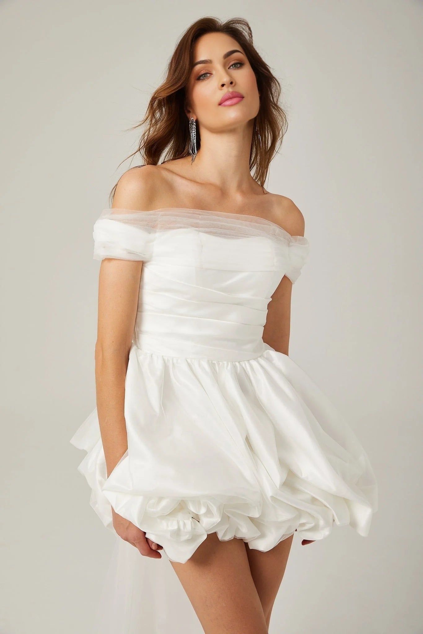 Bella Off Shoulder Mini Dress - Peplum Hem - Satin Finish - Bowknot & Ribbon Detail - Tie Fastening