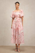 Bella Pink Maxi Dress Square Neckline Puff Sleeves Printed Folds Pattern Ruched Detailing