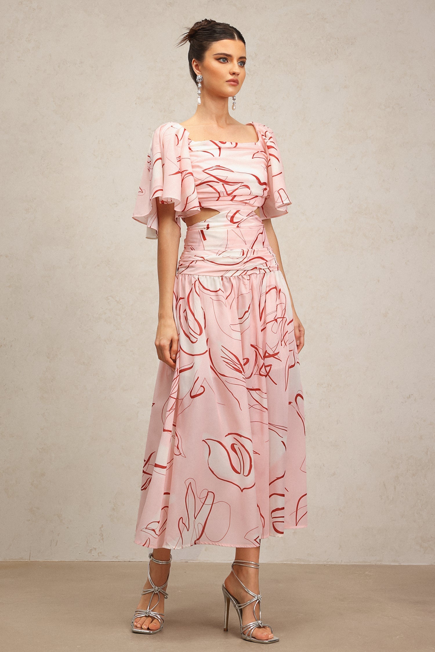 Bella Pink Maxi Dress Square Neckline Puff Sleeves Folds Pattern Ruched Detailing