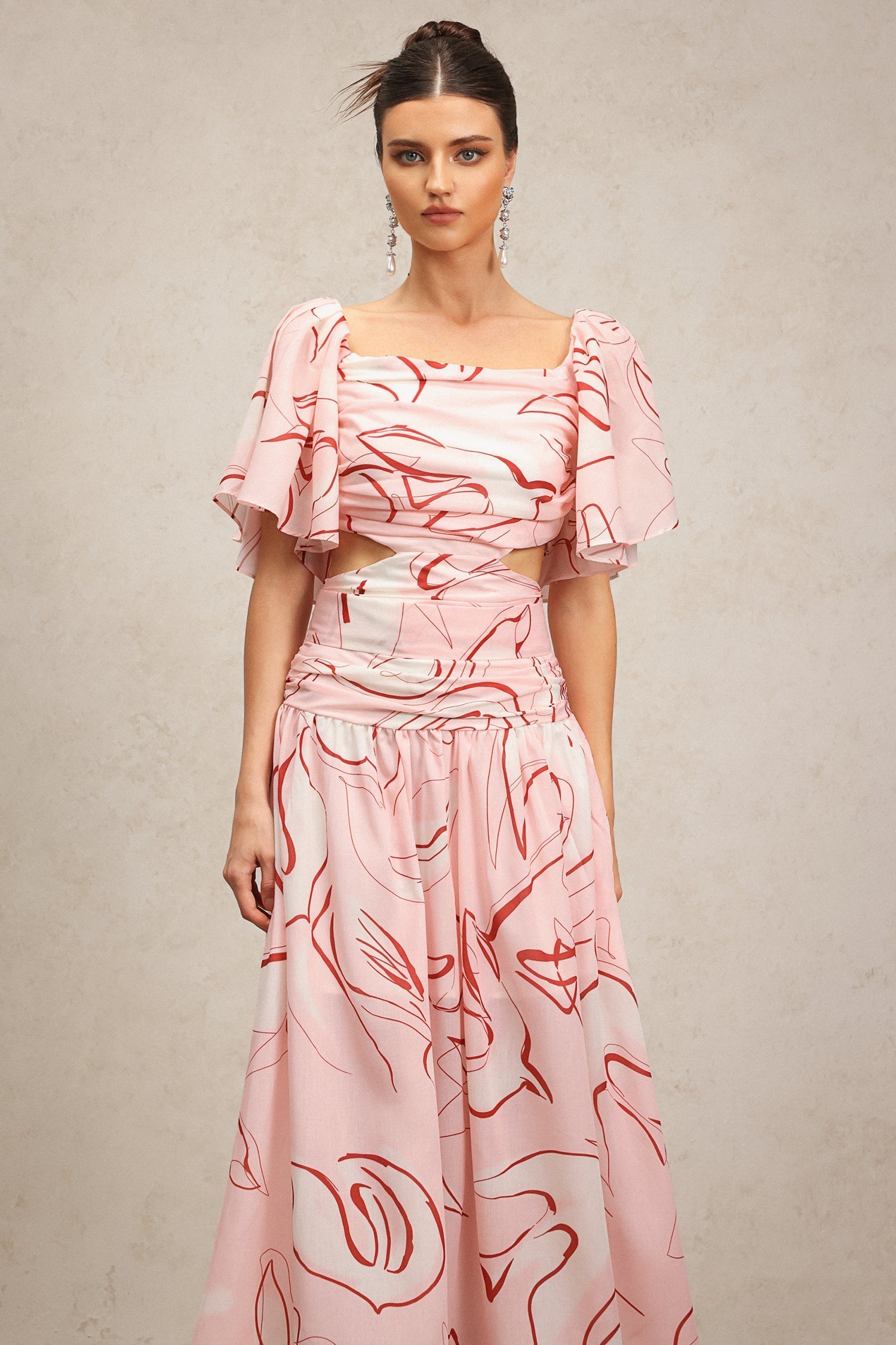 Bella Pink Printed Folds Maxi Dress Square Neckline Puff Sleeves Ruched Waist