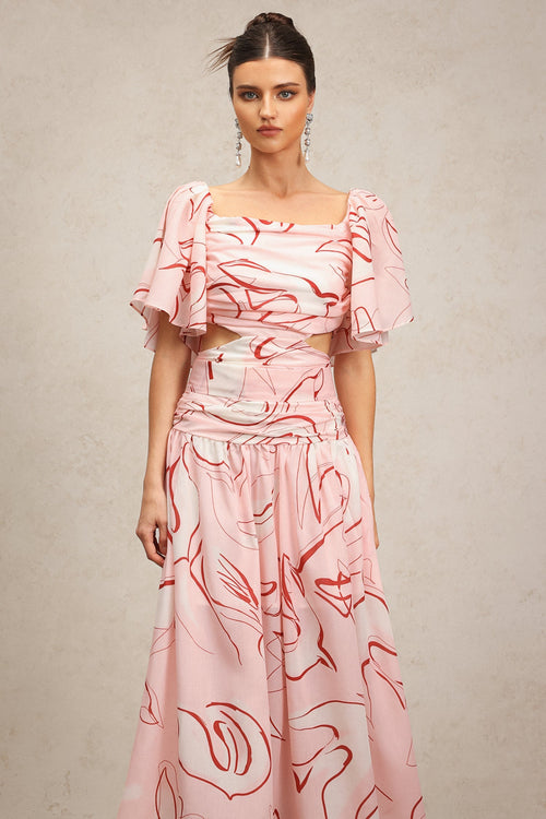 Bella Pink Printed Folds Maxi Dress Square Neckline Puff Sleeves Ruched Waist