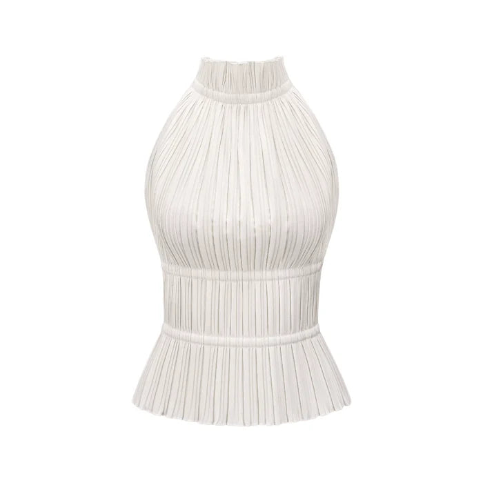Bella Top - Pleated Crew Neck Open Back Spaghetti Tie Sleeveless Fashion Shirt