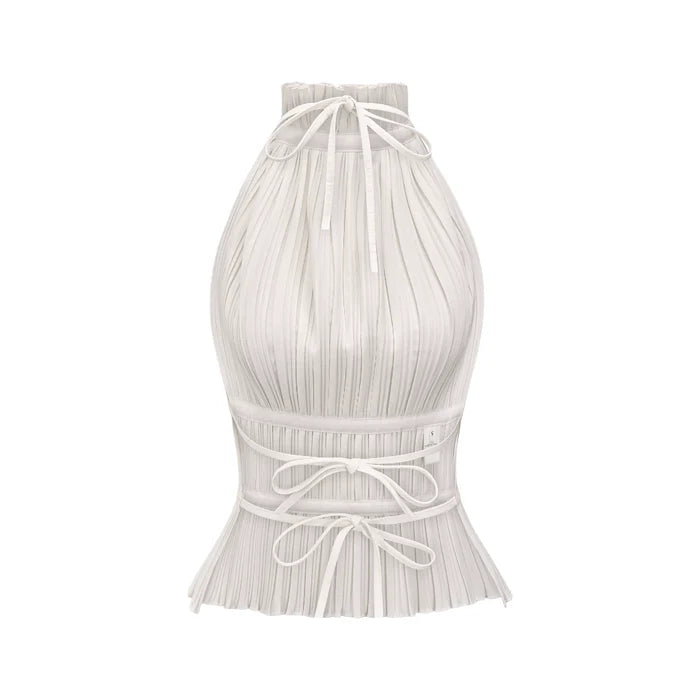 Bella Top - Pleated Crew Neck Open Back Spaghetti Tie Sleeveless Fashion Shirt